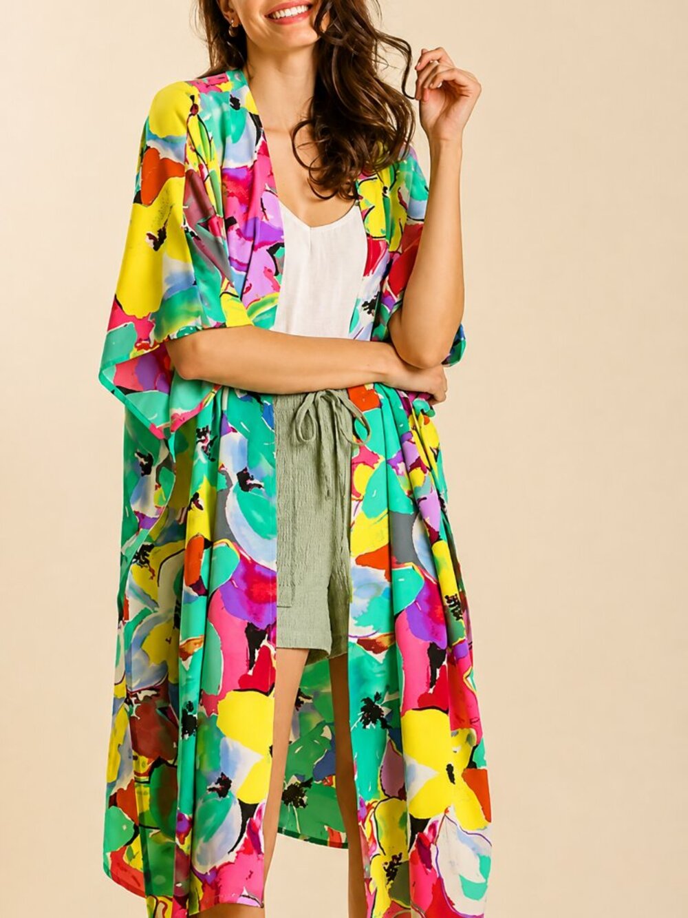 UMGEE New Emerald Mix Vibrant Floral Open Front Longline Kimono SZ 1XL 2XL Boho